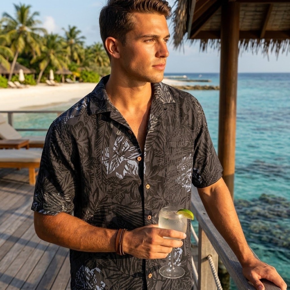 Tommy Bahama Mens Large Black Gray 100% Silk Tropical Floral Short Sleeve Shirt